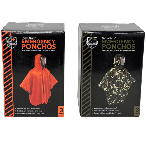SWISS SAFE® 3PACK EMERGENCY PONCHOS & THERMAL BLANKET