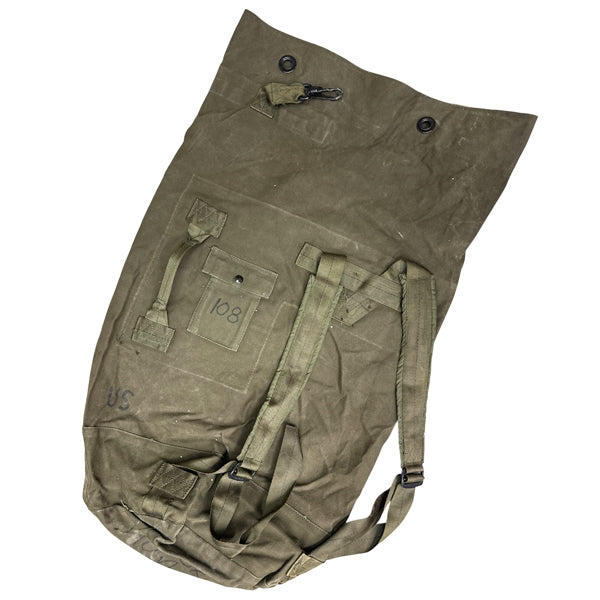 US GI SURPLUS USED OD CANVAS DUFFEL BAG WITH DUBLE STRAPS