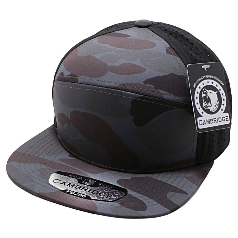 CAMBRIDGE CAMO CAMPER PERFORATED SNAPBACK HATS