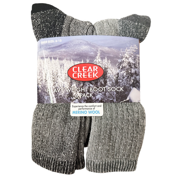 CLEAR CREEK® 6 PACK MERINO WOOL HEAVY WEIGHT BOOT SOCKS