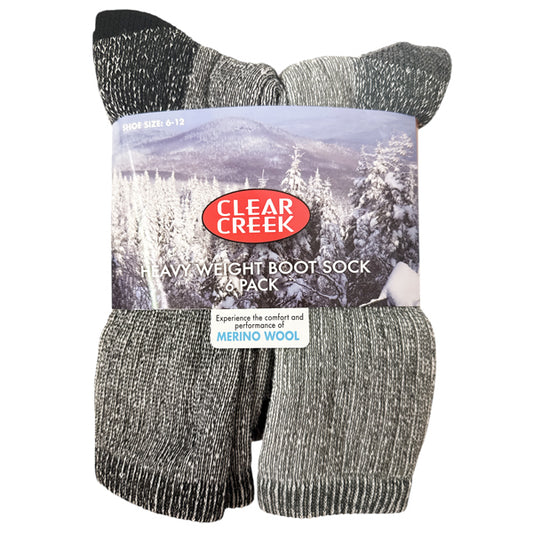 CLEAR CREEK® 6 PACK MERINO WOOL HEAVY WEIGHT BOOT SOCKS