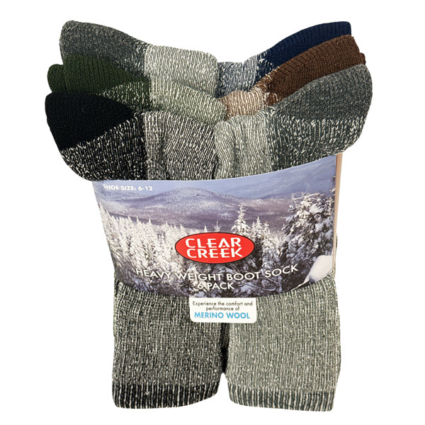 CLEAR CREEK® 6 PACK MERINO WOOL HEAVY WEIGHT BOOT SOCKS