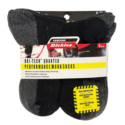 DICKIES® 5 PAIRS MENS DRI-TECH™ QUARTER PERFORMANCE WORK SOCKS