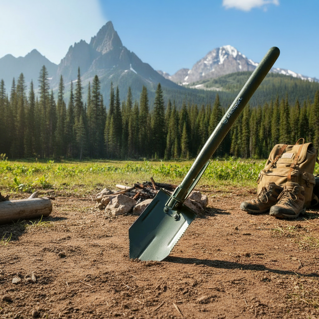 An olive green tactical shovel with a wooden handle  shown in a mountainous forest setting, digging in dirt ground next to hiking boots and a backpack.